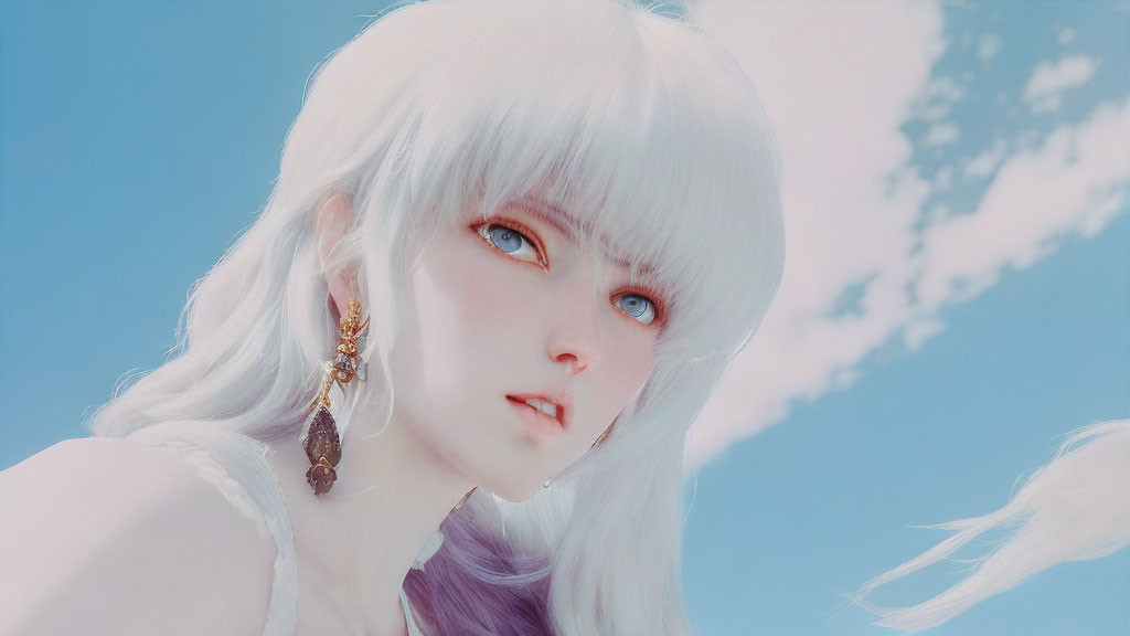 3D Rendered Female Character with Blue Eyes and White Hair against Cloudy Blue Sky