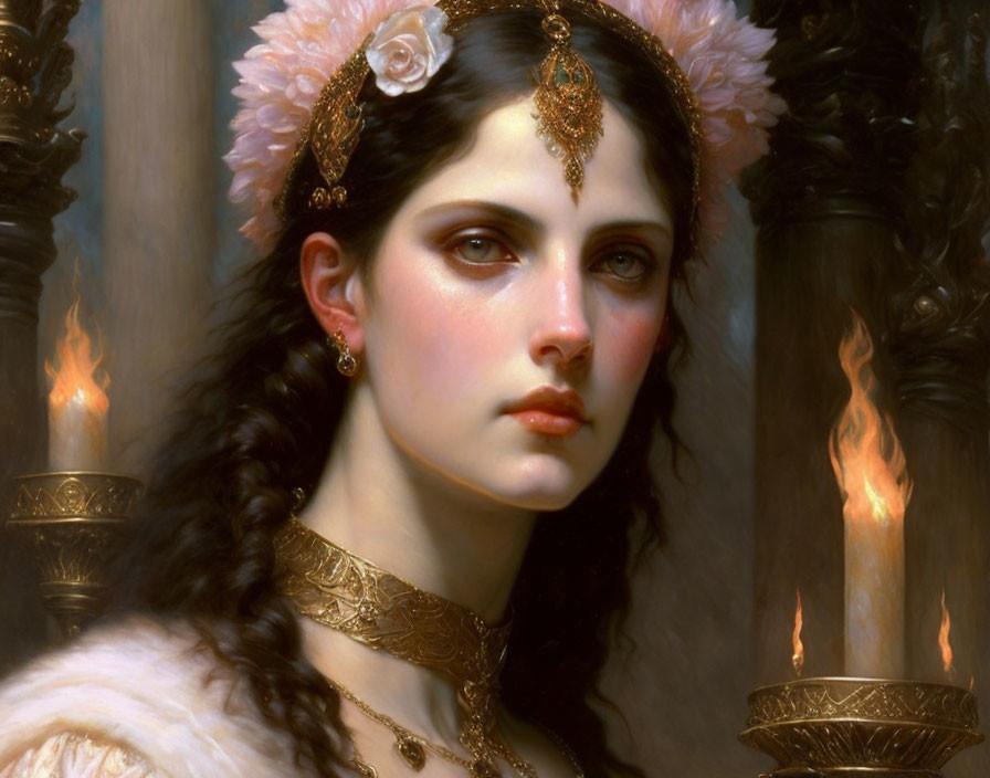 Portrait of Woman with Dark Hair, Gold Jewelry, and Flaming Torches