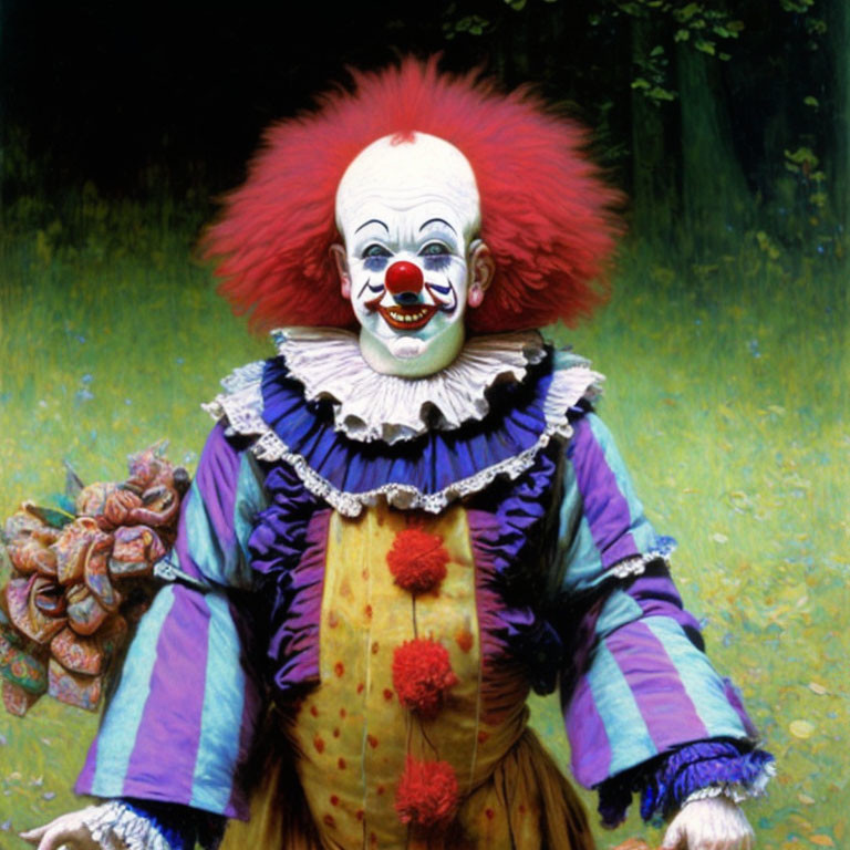 Colorful Clown with Red Hair and White Face on Green Background