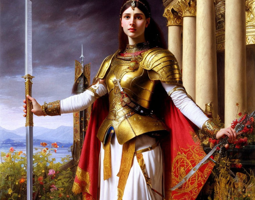 Regal woman in golden armor with sword against classical landscape