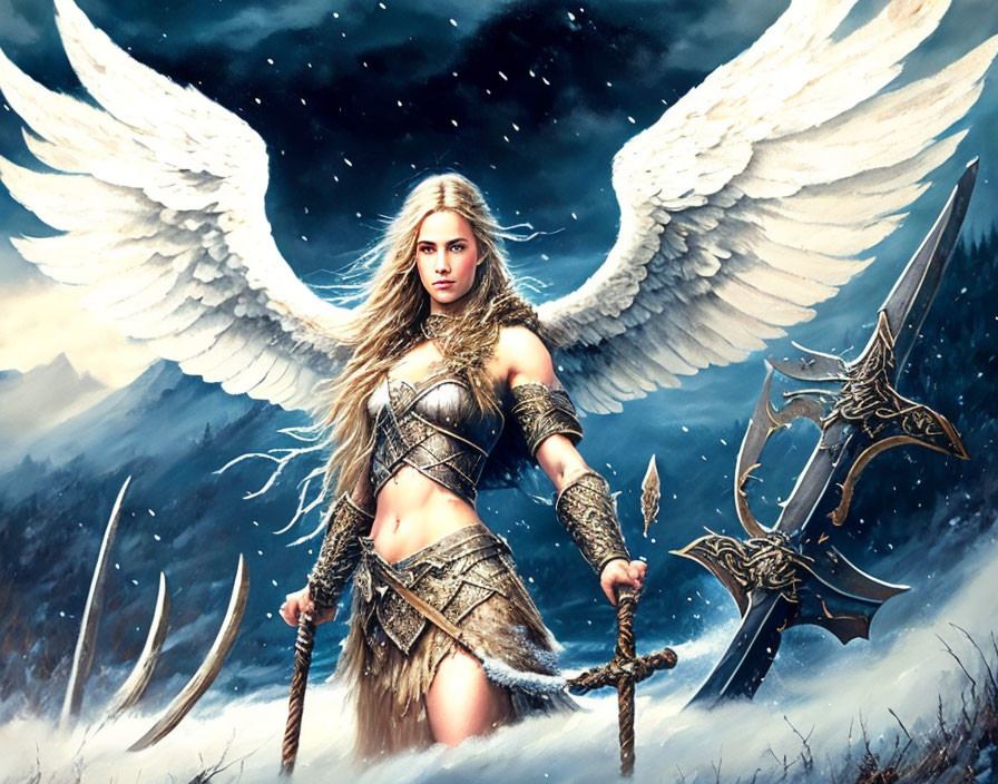 Fantasy artwork of warrior woman with wings in icy mountain landscape