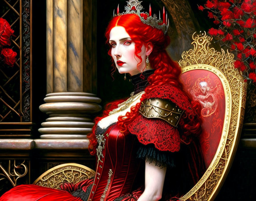 Regal woman with red hair and crown on throne in opulent gown surrounded by flowers