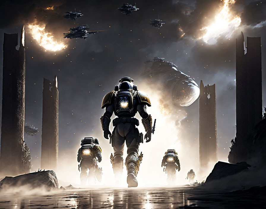 Armored astronauts marching towards portal under celestial sky