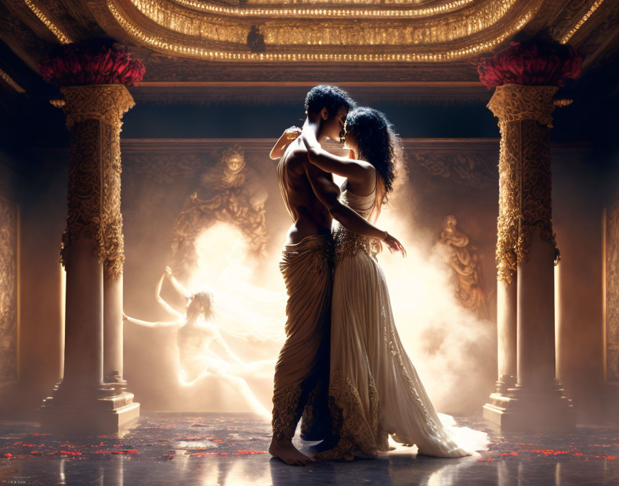 Traditional attired couple embraces in ornate hall with golden light and scattered petals, dancer in background.