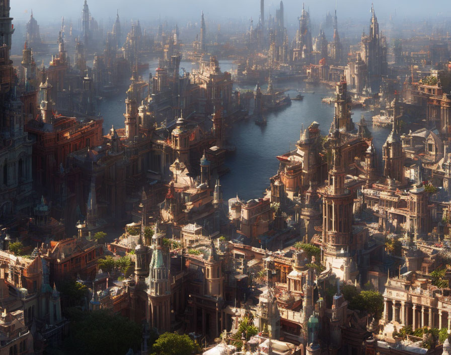 Detailed fantasy cityscape with towering spires and waterways under soft light