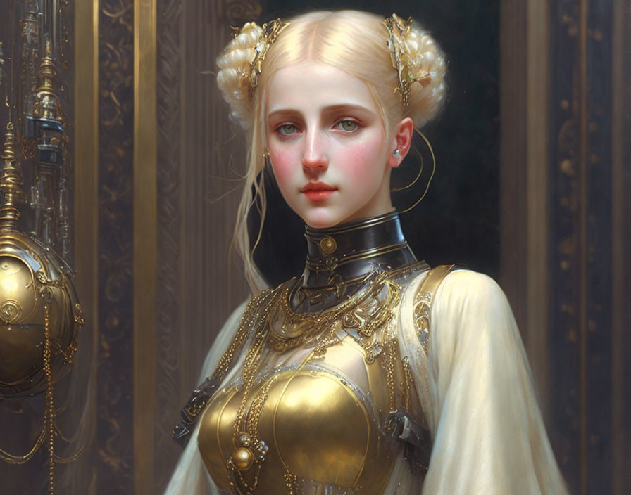 Blonde woman in golden medieval armor by ornate doors