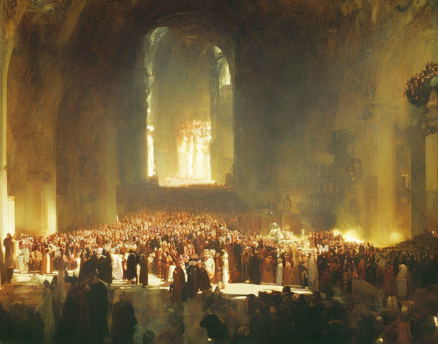 Crowded 19th-Century Cathedral Interior with Golden Lighting