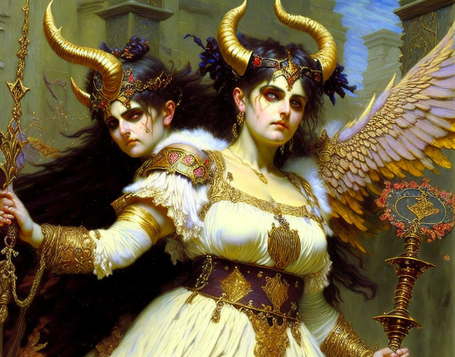 Ornately dressed figures with horns and wings in mystical setting