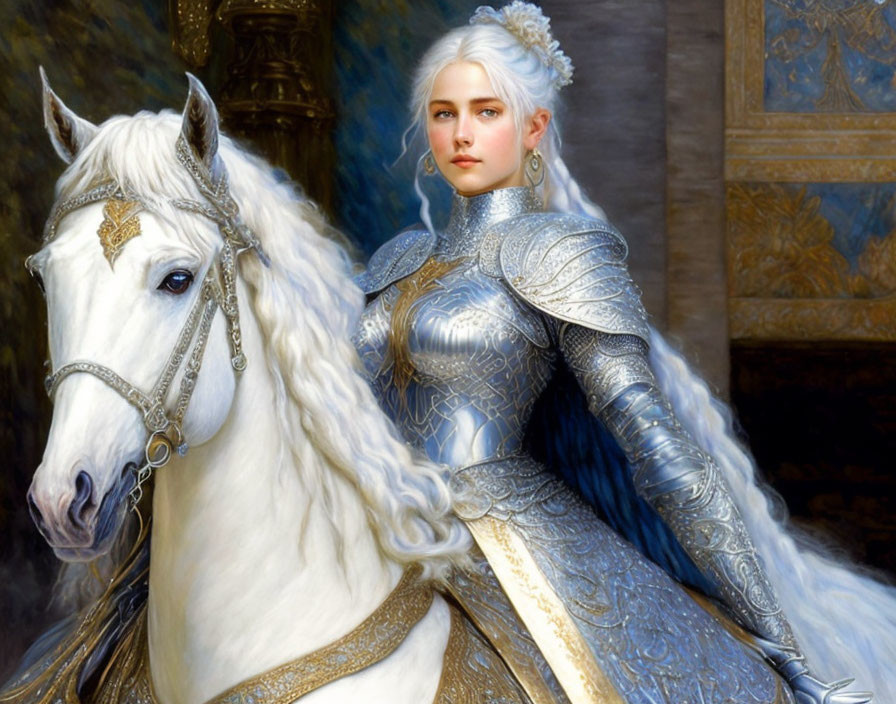 Digital artwork of woman in silver hair, medieval armor, on white horse.