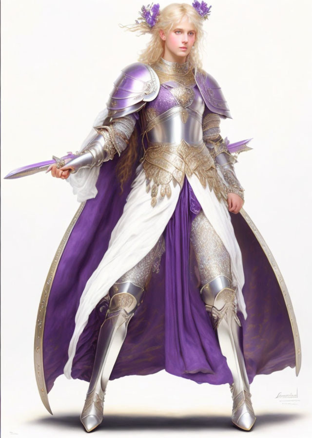 Fair-haired woman in silver and purple medieval armor with sword.