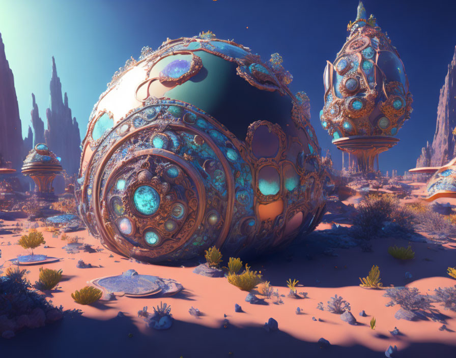 Alien desert landscape with fantastical spherical structures