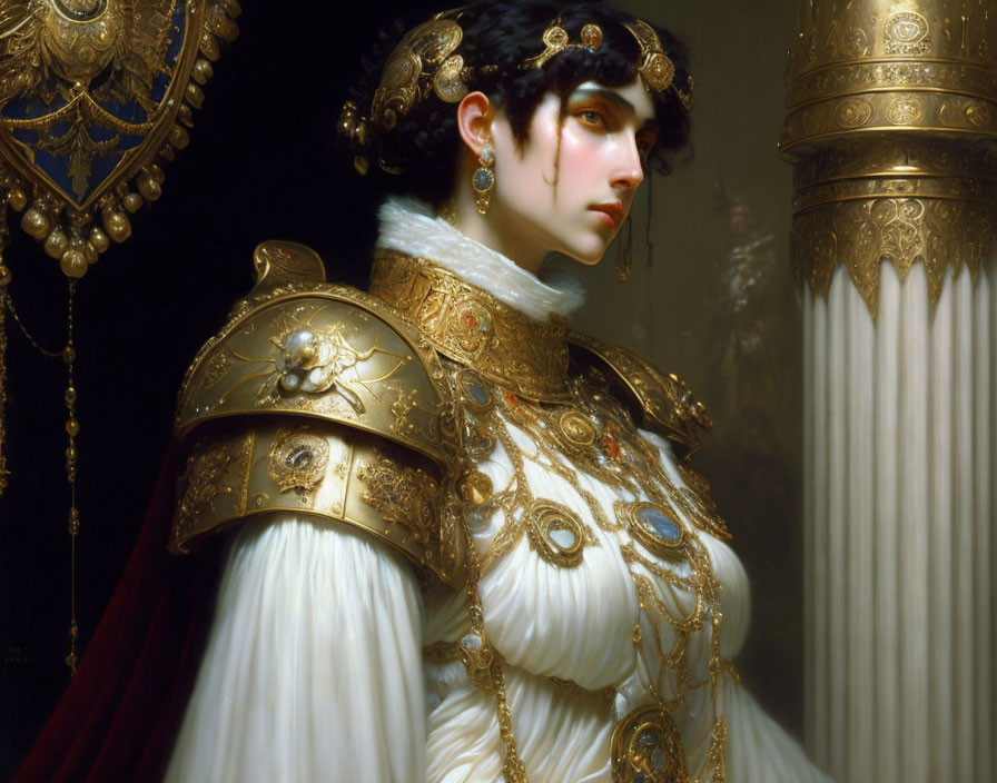 Regal woman in white and gold dress with intricate armor on ornate backdrop