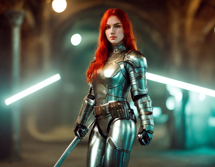 Red-haired woman in futuristic armor wields glowing blades in dimly lit corridor