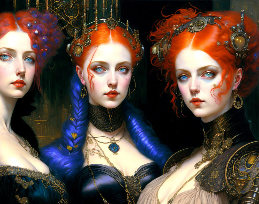 Three women in elaborate gothic attire with red hair in detailed portrait