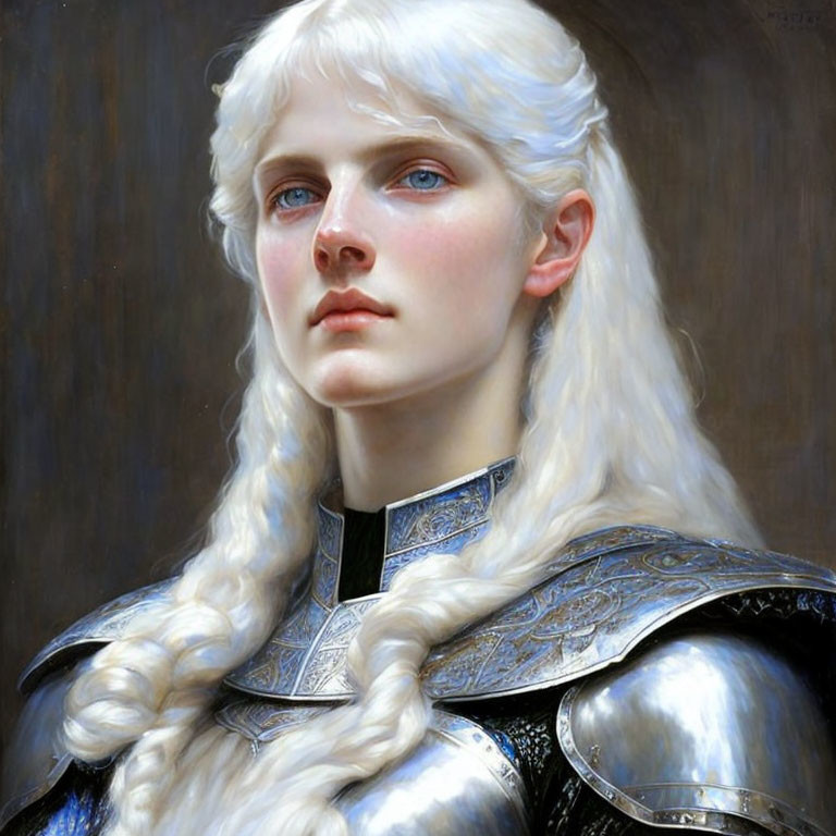 Portrait of woman with pale skin, blue eyes, and white-blond hair in silver armor.