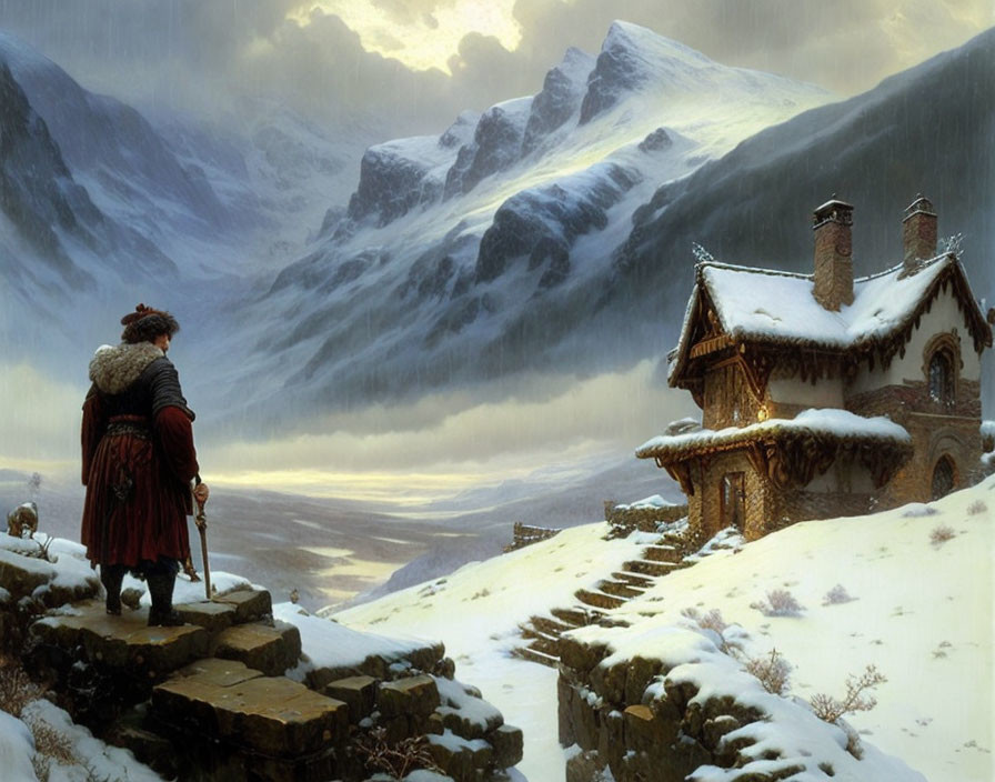 Medieval couple at snow-covered cottage in misty mountain landscape