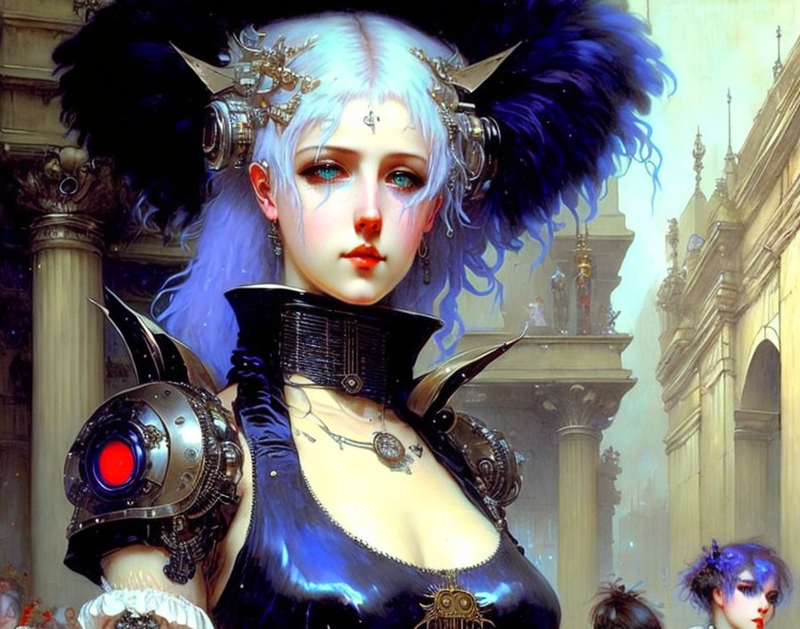 Fantasy female character with pale skin and blue hair in ornate headdress against grand architecture.