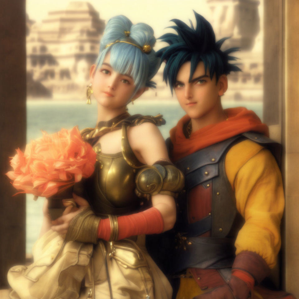 Blue-haired female with flowers and spiky-haired male in ancient city setting