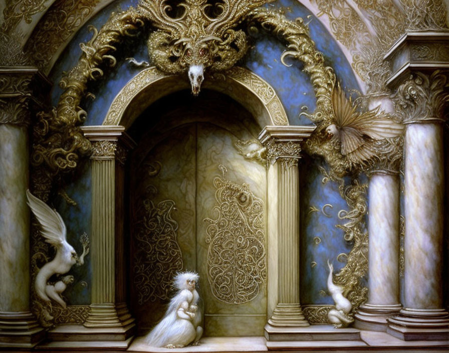 Woman in white dress near ornate archway with columns and mythical creatures