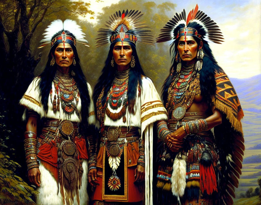 Native American individuals in traditional attire in forested landscape