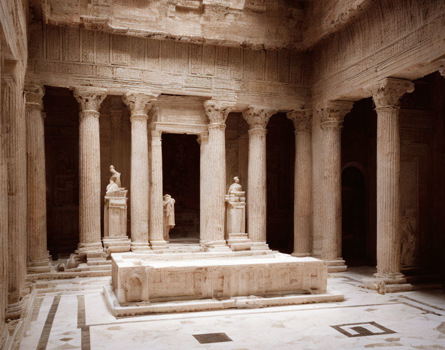 Stone-carved structure with columns, reliefs, statues, and podium.