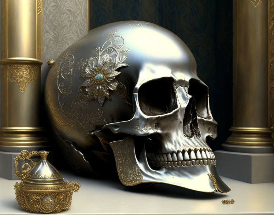 Intricate metal skull with flower, round object, and ornamental container on patterned table.