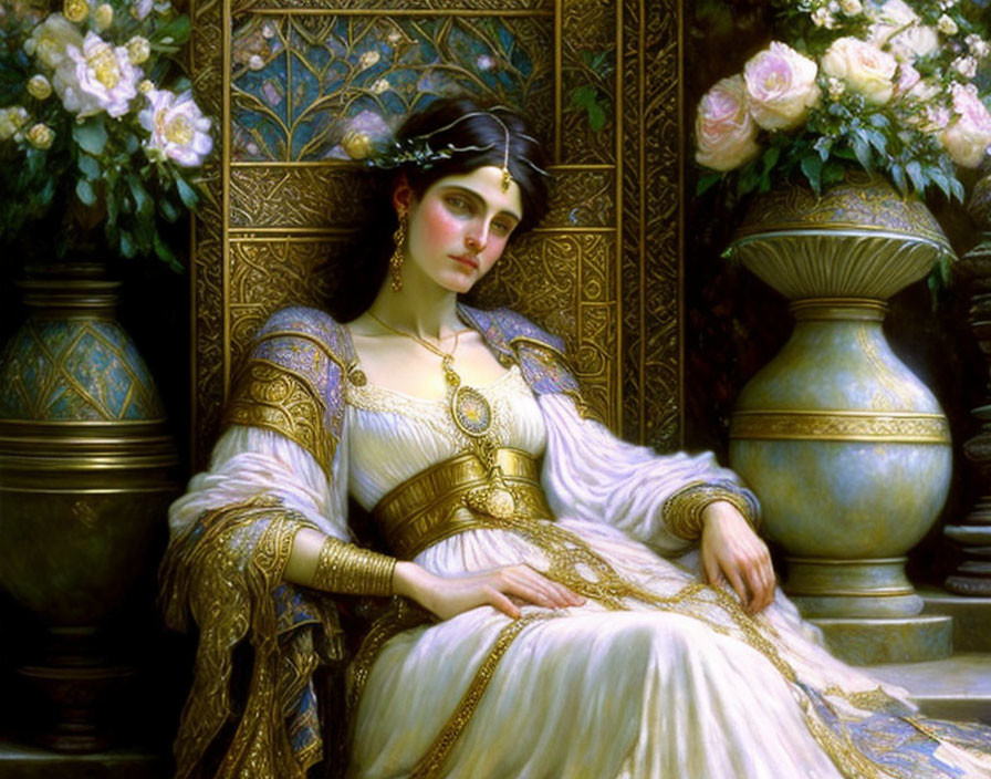 Regal woman in elegant attire with gold embellishments beside flowers