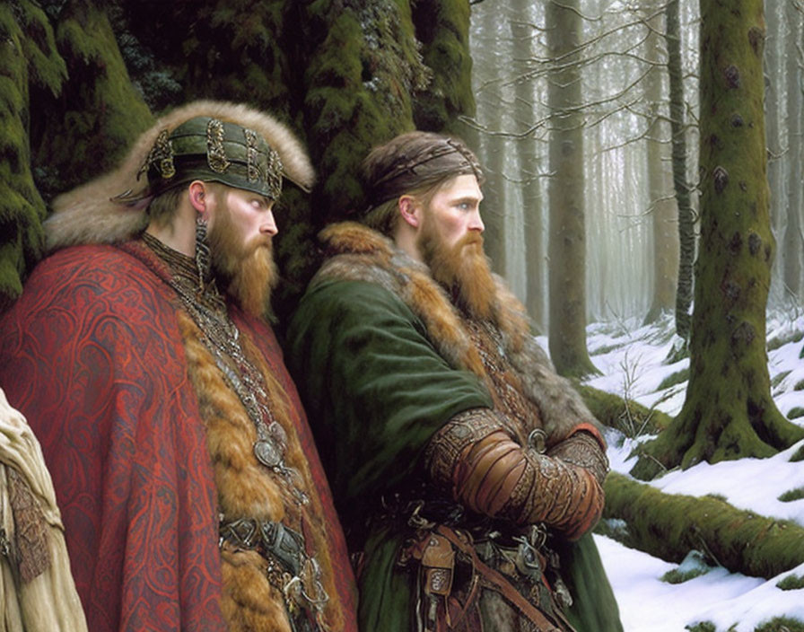 Two men in Viking attire with fur cloaks and armguards in a foggy forest