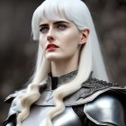 Portrait of woman with pale skin, blue eyes, and white-blond hair in silver armor.