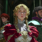 Digital painting of three regal figures in opulent Renaissance attire