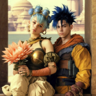 Blue-haired female with flowers and spiky-haired male in ancient city setting