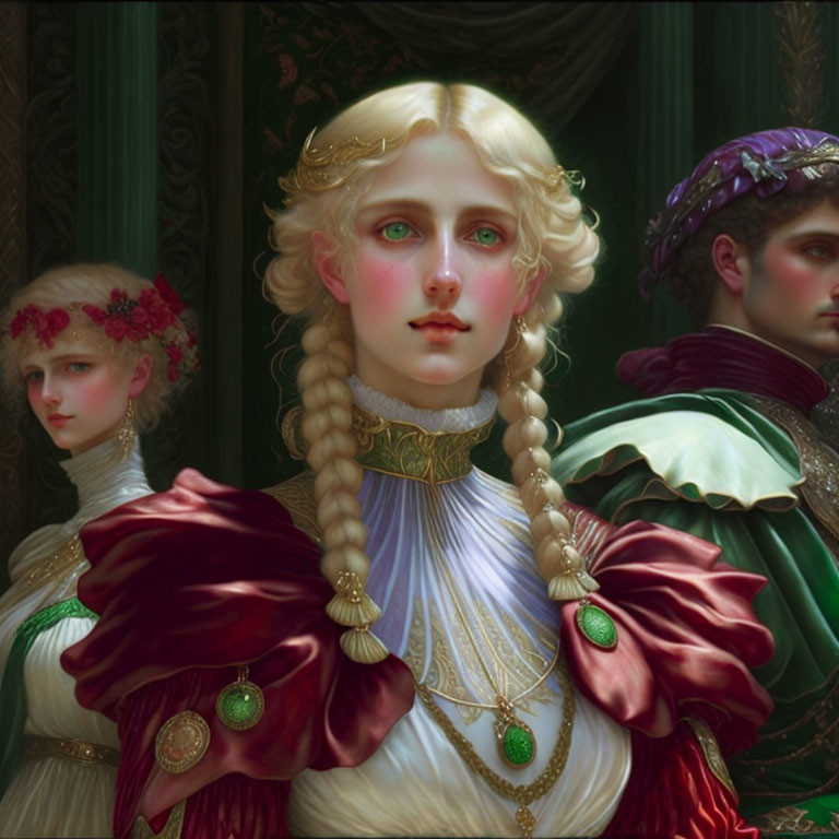 Digital painting of three regal figures in opulent Renaissance attire