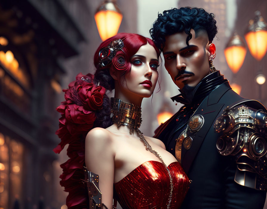 Red-haired woman and man with mechanical arm in stylish steampunk scene