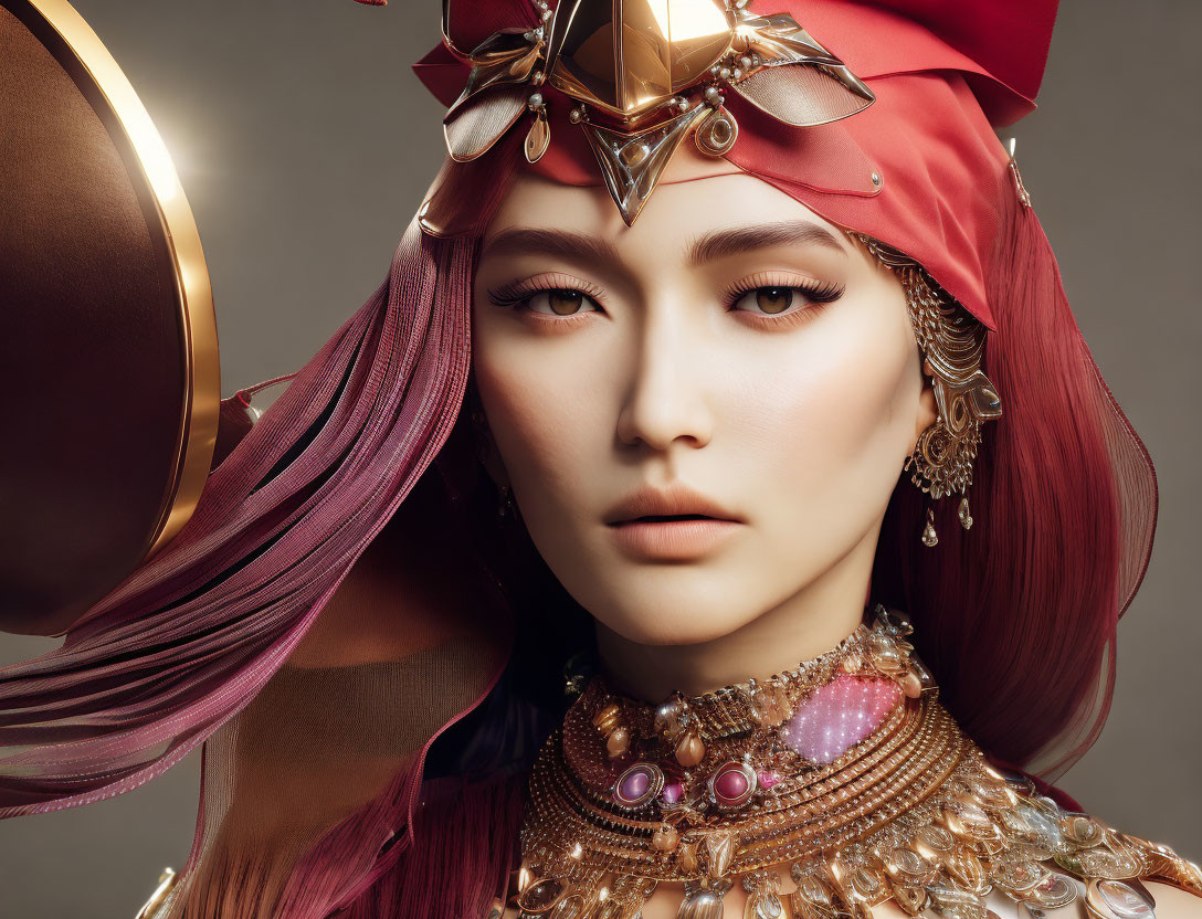 Asian-inspired fantasy woman adorned in ornate golden jewelry and headwear.