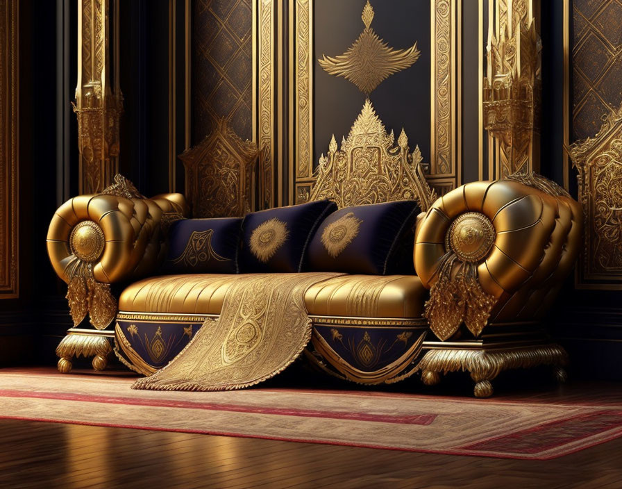 Elegant Room with Luxurious Golden Sofa & Ornate Details