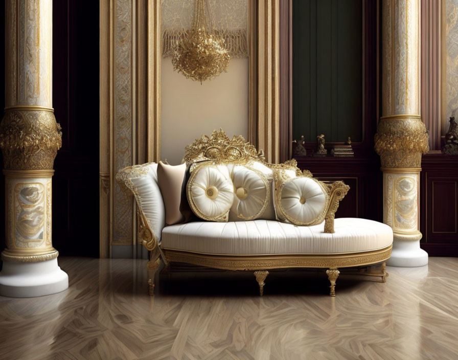 Luxurious Baroque-themed Room with Gold-trimmed Chaise Lounge