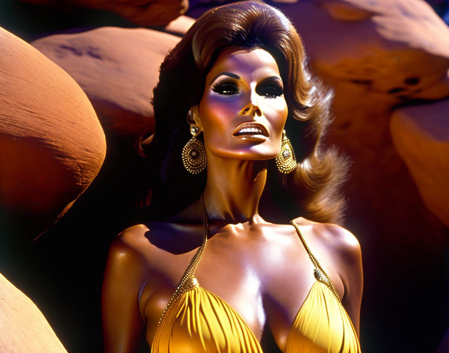 Stylized image of woman with dramatic makeup in golden outfit against rocky backdrop