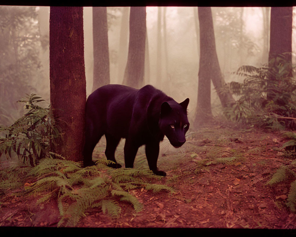 Black panther blending in ferns in misty forest