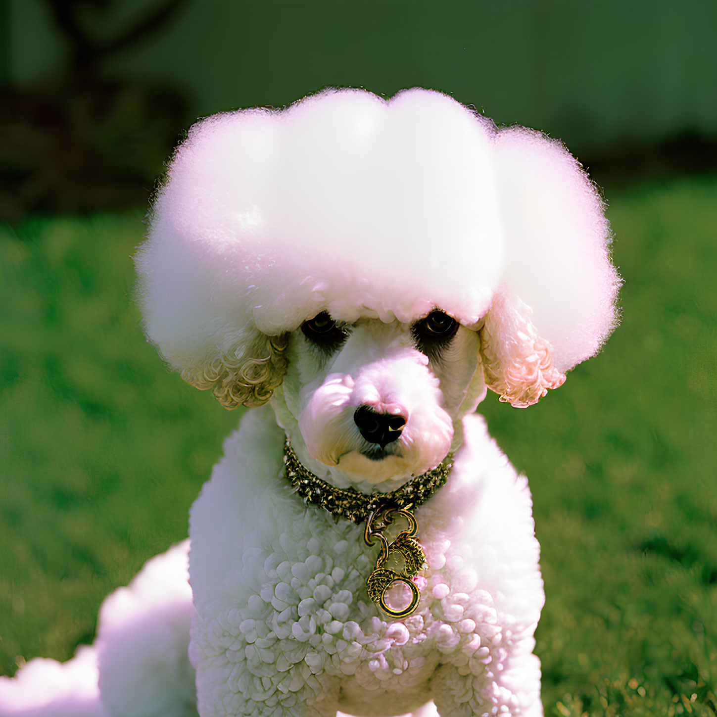 Fluffy white poodle with pompon haircut and gold chain collar on lawn