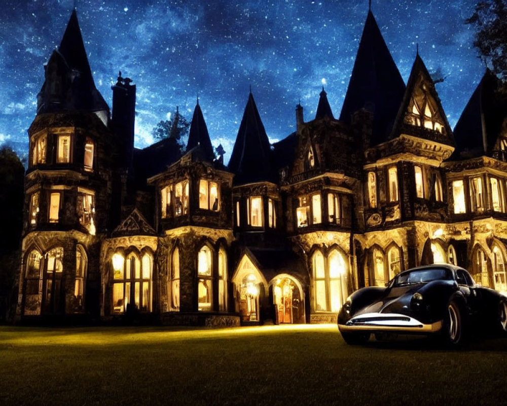 Victorian-style mansion with starry night sky and classic car in foreground