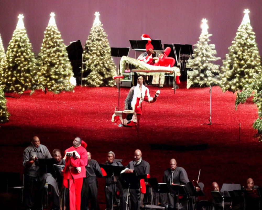 Choir in Black Attire, Conductor in Red, Santa Performer on Elevated Platform