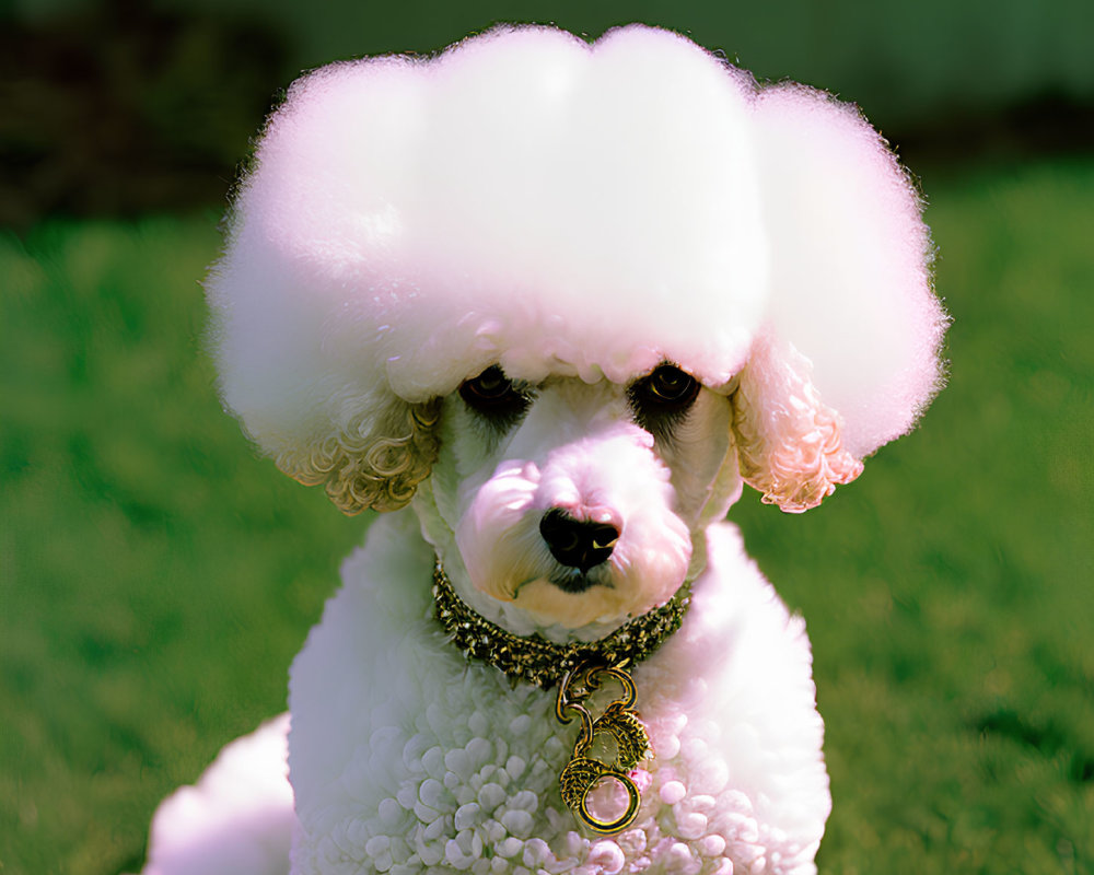 Fluffy white poodle with pompon haircut and gold chain collar on lawn