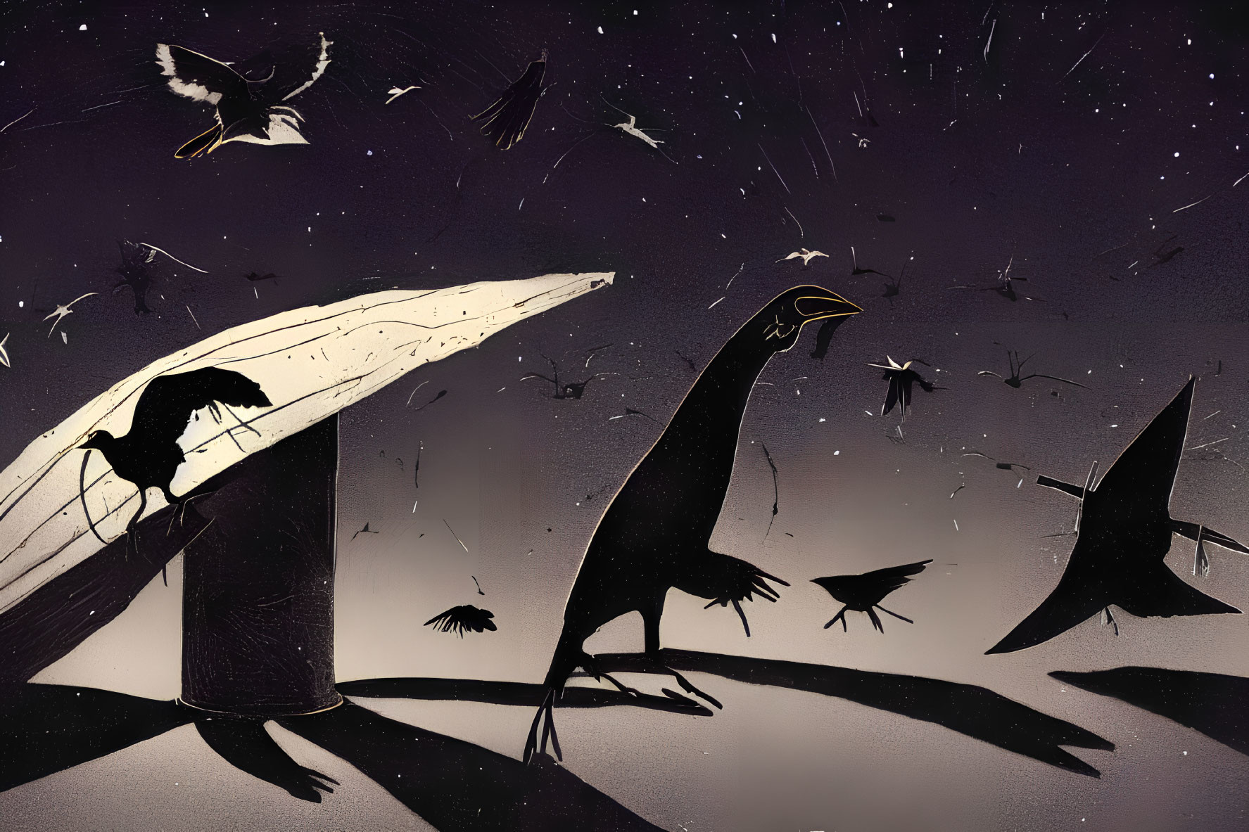 Prehistoric Pterosaurs in Night Sky Scene