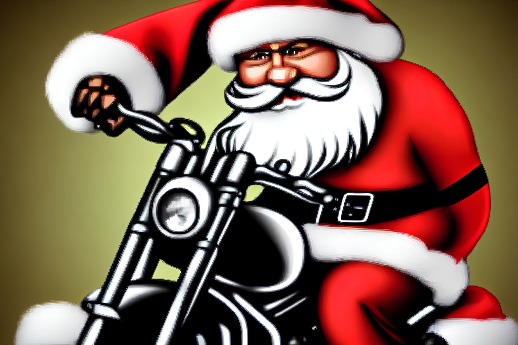 Modern Santa Claus on Motorcycle: Red Suit, Sunglasses, Confident Smile