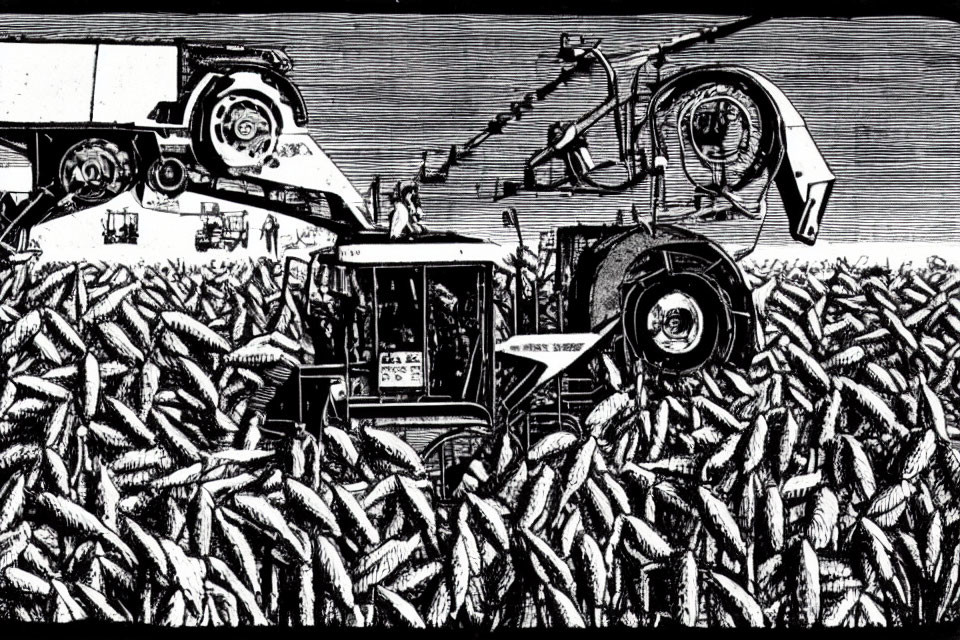 Detailed black and white harvester in cornfield