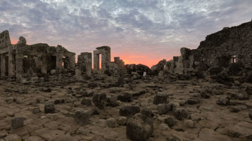 Ancient Stone Ruins under Colorful Sunset Sky