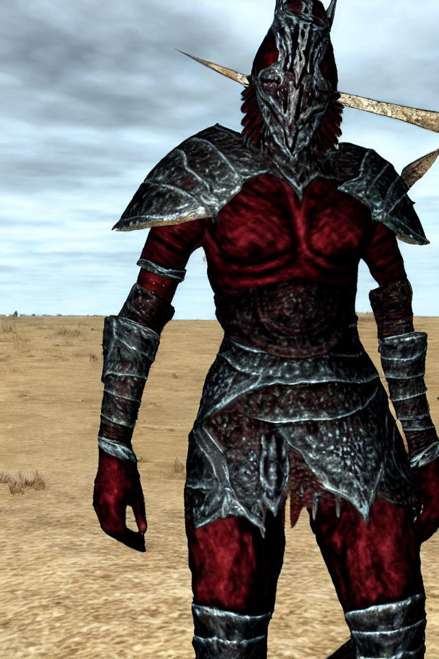 Dark-armored character with dragon-like helmet in barren landscape