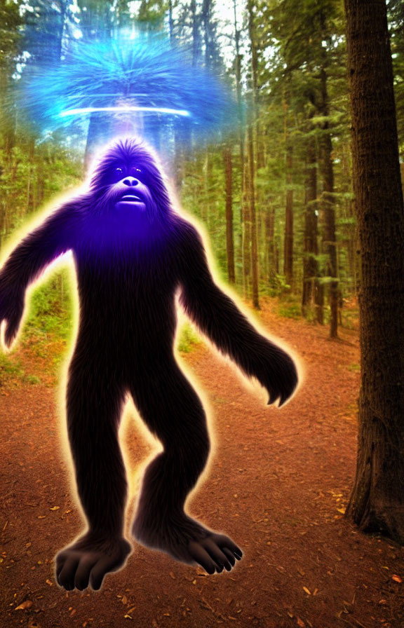 Digital artwork: Glowing blue-eyed creature in mystical forest