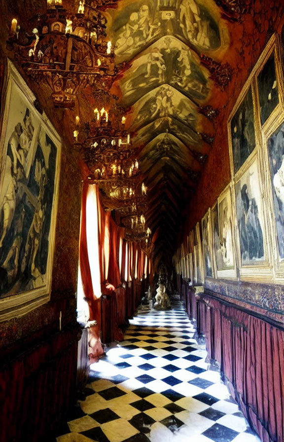 Luxurious Hallway with Checkered Flooring, Artworks, Murals, and Chandeliers