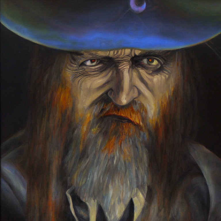 Portrait of stern man with grizzled beard and blue hat on dark background